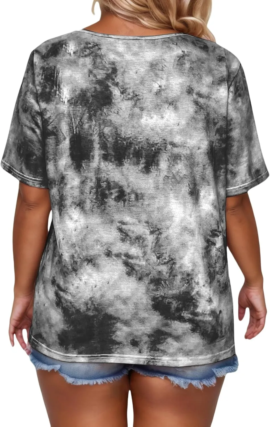 VISLILY Womens-Plus-Size-Summer-Tops Casual Lace Up Front T Shirts Tie Dye V Neck Tees Trendy Short Sleeve Tunics XL-5XL