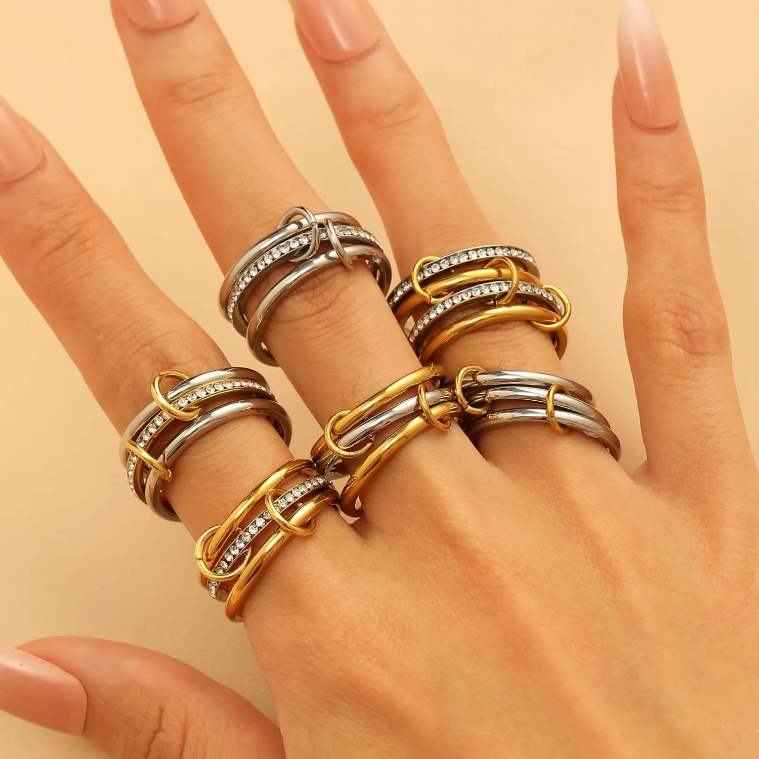 Vivian&CD 14K Gold Stackable Rings for Women Non Tarnish, Gold Plated CZ Cubic Zircon Rings, Silver and Gold Mixed Metals Dainty Stacking Multi Rings, Wedding Band and Thumb Ring Size 8 Jewelry Gifts