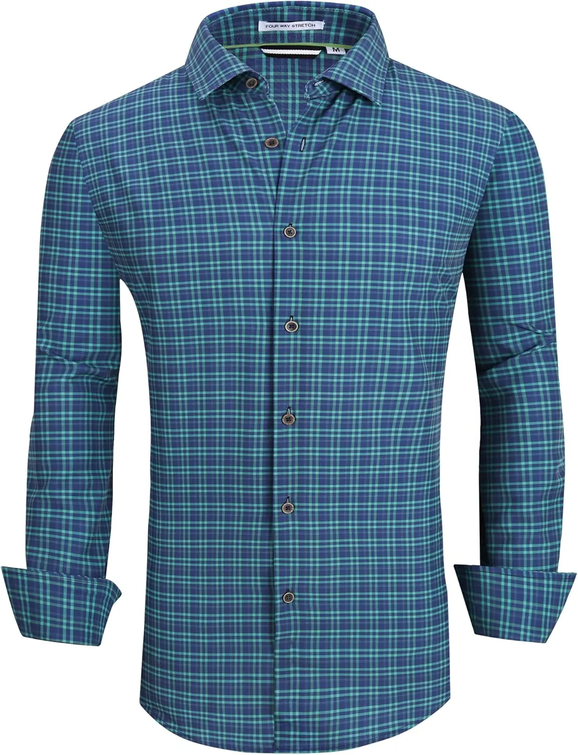 WARHORSEE Mens Casual Button Down Shirts Wrinkle Free 4-Way Stretch Dress Shirs Long Sleeve Plaid Business Shirts for Men