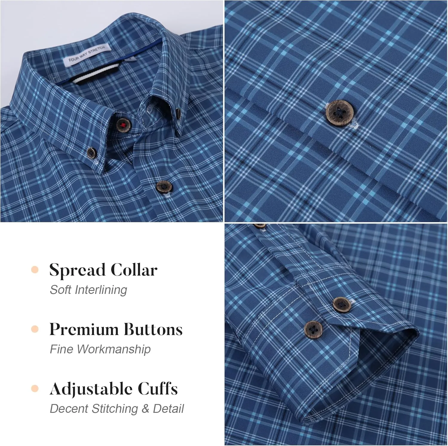 WARHORSEE Mens Casual Button Down Shirts Wrinkle Free 4-Way Stretch Dress Shirs Long Sleeve Plaid Business Shirts for Men