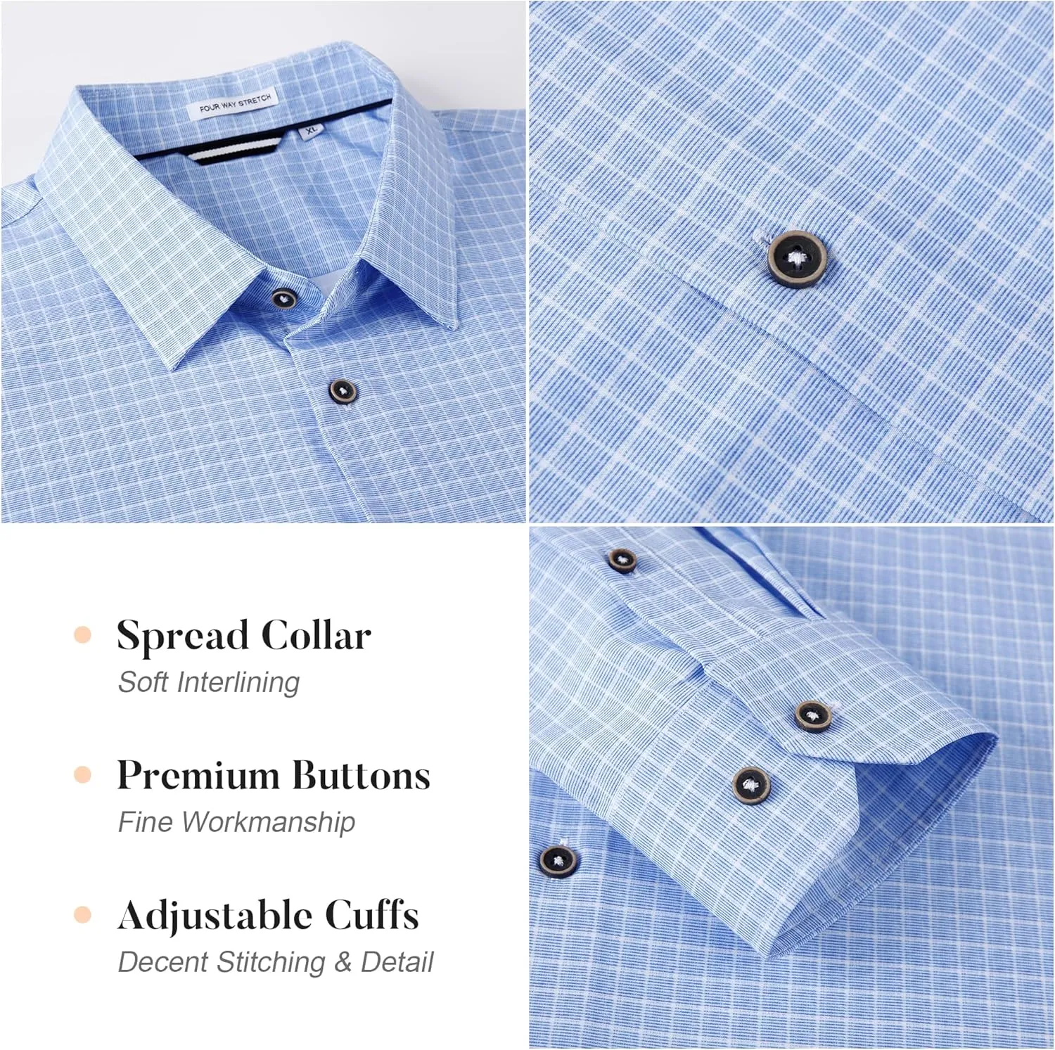 WARHORSEE Mens Casual Button Down Shirts Wrinkle Free 4-Way Stretch Dress Shirs Long Sleeve Plaid Business Shirts for Men