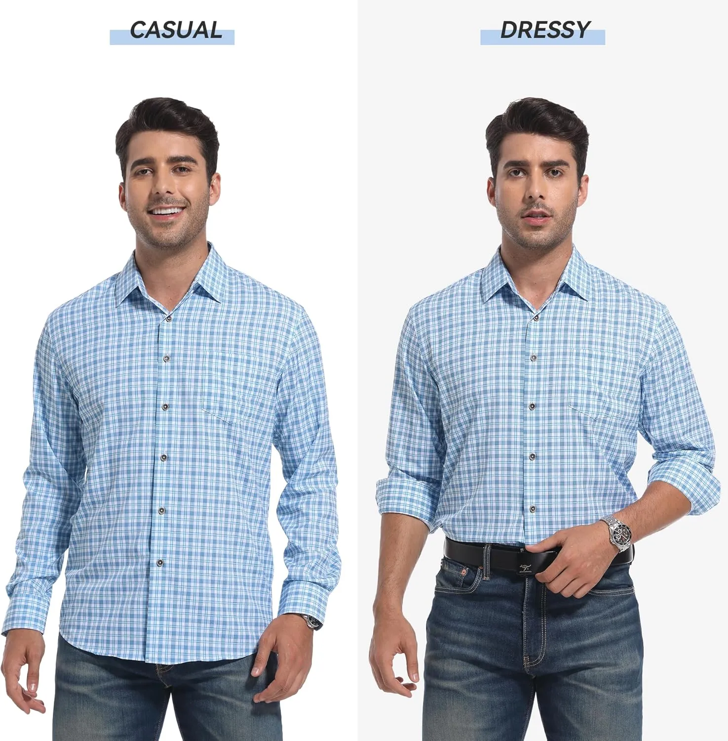 WARHORSEE Mens Casual Button Down Shirts Wrinkle Free 4-Way Stretch Dress Shirs Long Sleeve Plaid Business Shirts for Men