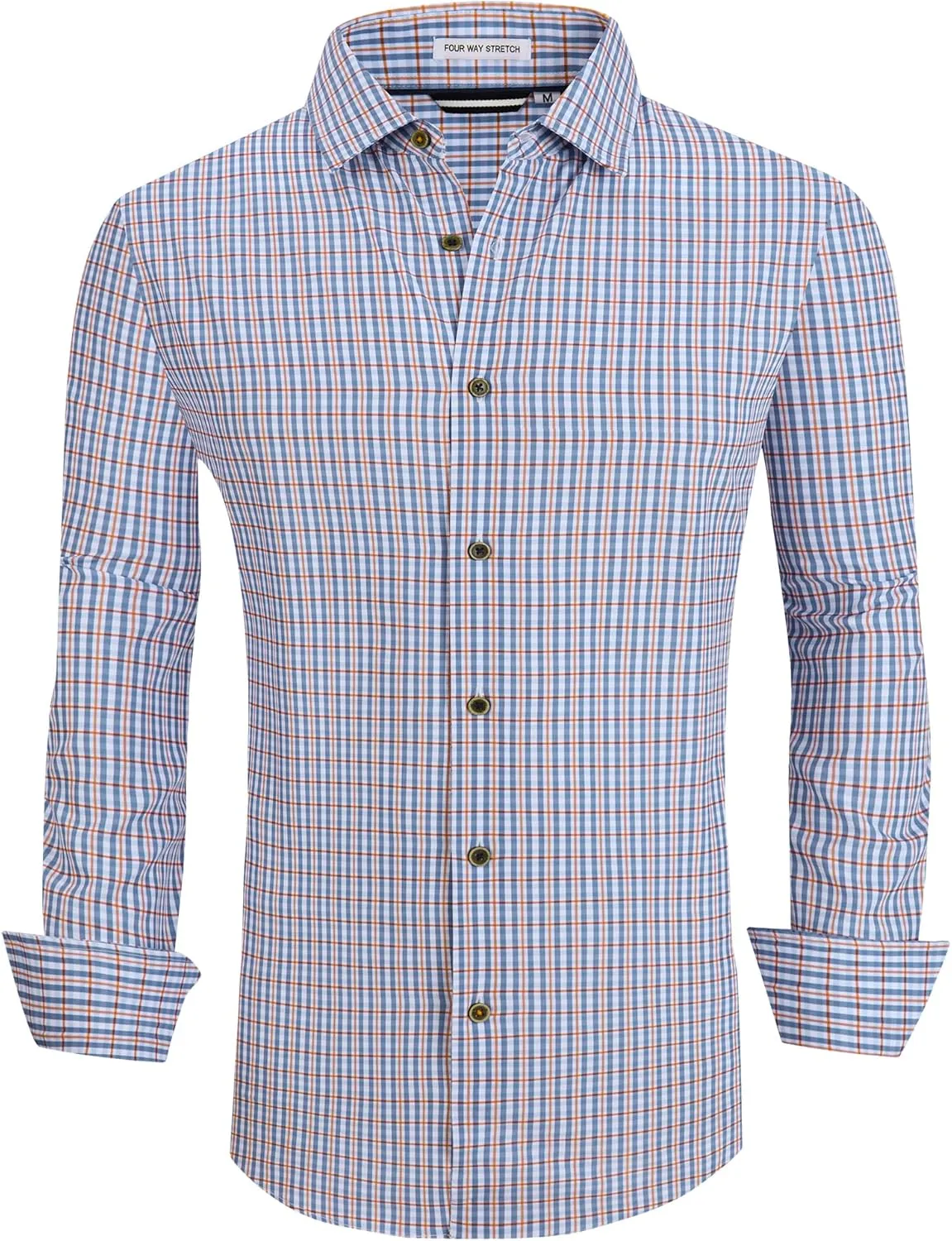 WARHORSEE Mens Casual Button Down Shirts Wrinkle Free 4-Way Stretch Dress Shirs Long Sleeve Plaid Business Shirts for Men