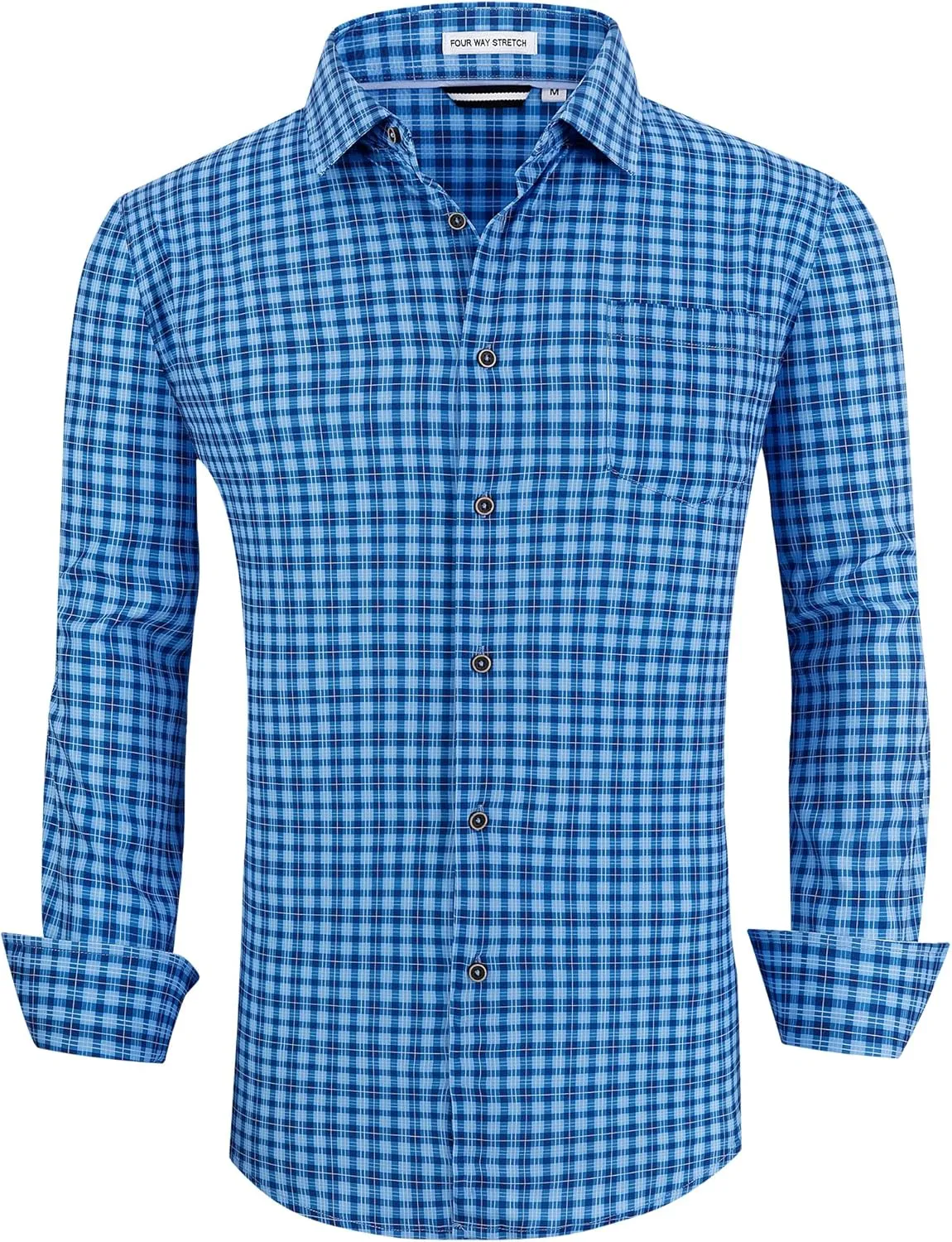 WARHORSEE Mens Casual Button Down Shirts Wrinkle Free 4-Way Stretch Dress Shirs Long Sleeve Plaid Business Shirts for Men