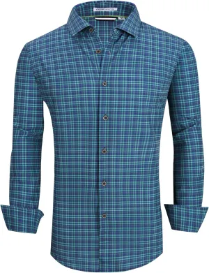 WARHORSEE Mens Casual Button Down Shirts Wrinkle Free 4-Way Stretch Dress Shirs Long Sleeve Plaid Business Shirts for Men