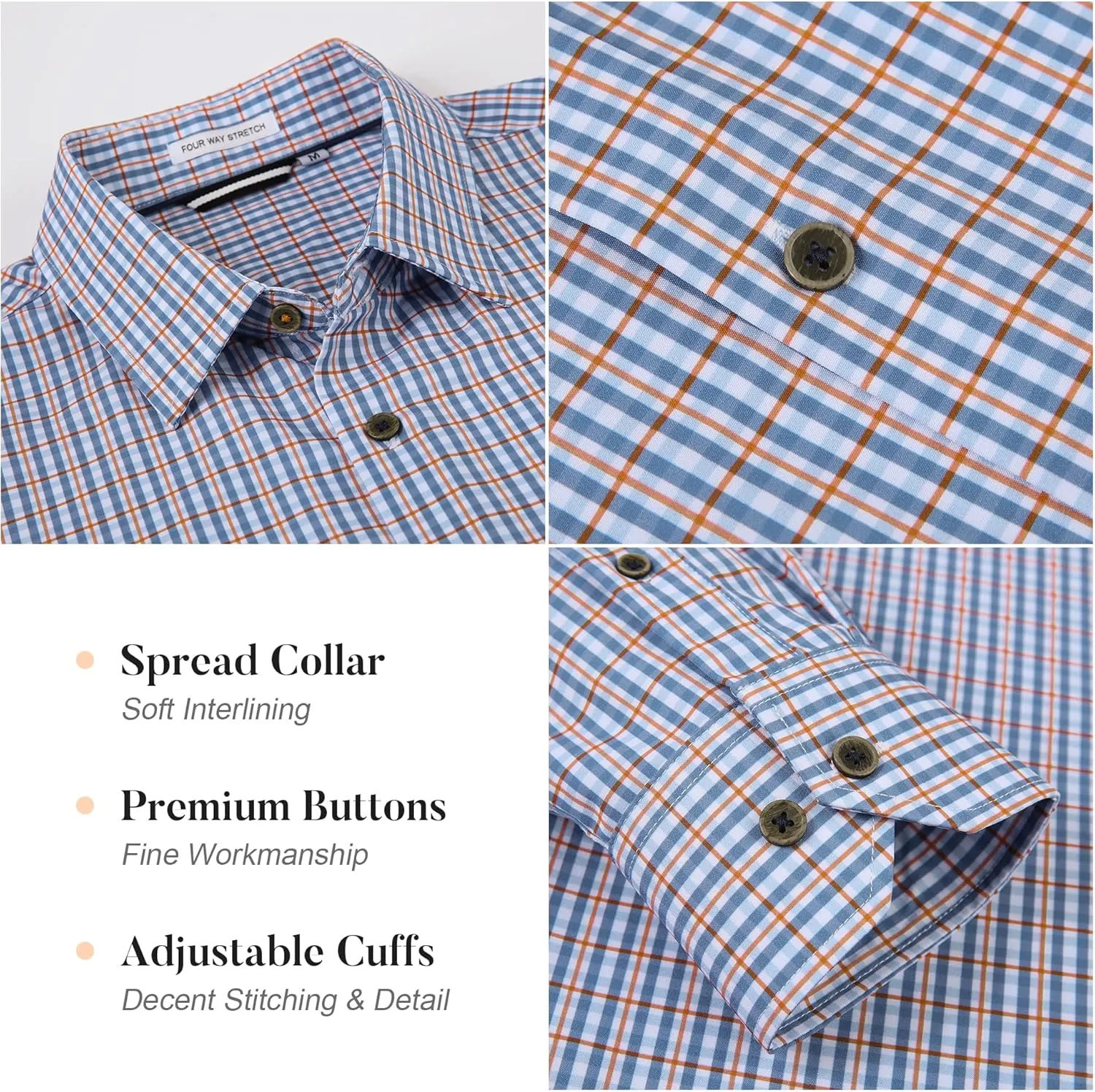 WARHORSEE Mens Casual Button Down Shirts Wrinkle Free 4-Way Stretch Dress Shirs Long Sleeve Plaid Business Shirts for Men