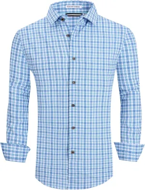 WARHORSEE Mens Casual Button Down Shirts Wrinkle Free 4-Way Stretch Dress Shirs Long Sleeve Plaid Business Shirts for Men