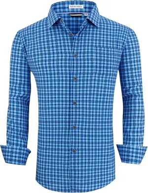WARHORSEE Mens Casual Button Down Shirts Wrinkle Free 4-Way Stretch Dress Shirs Long Sleeve Plaid Business Shirts for Men