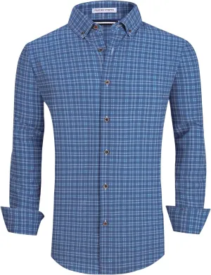 WARHORSEE Mens Casual Button Down Shirts Wrinkle Free 4-Way Stretch Dress Shirs Long Sleeve Plaid Business Shirts for Men