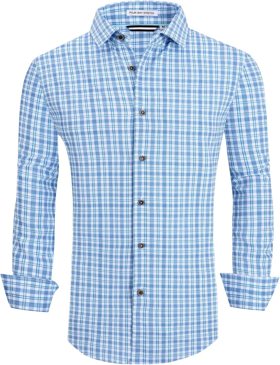 WARHORSEE Mens Casual Button Down Shirts Wrinkle Free 4-Way Stretch Dress Shirs Long Sleeve Plaid Business Shirts for Men