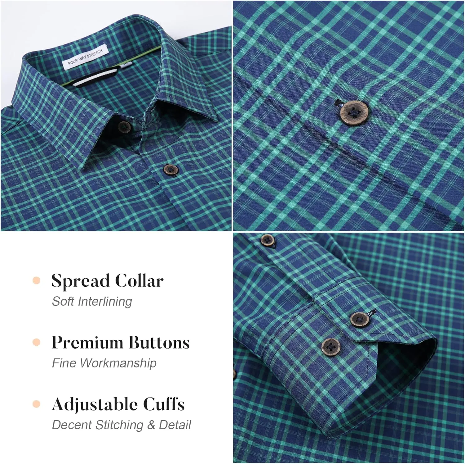 WARHORSEE Mens Casual Button Down Shirts Wrinkle Free 4-Way Stretch Dress Shirs Long Sleeve Plaid Business Shirts for Men
