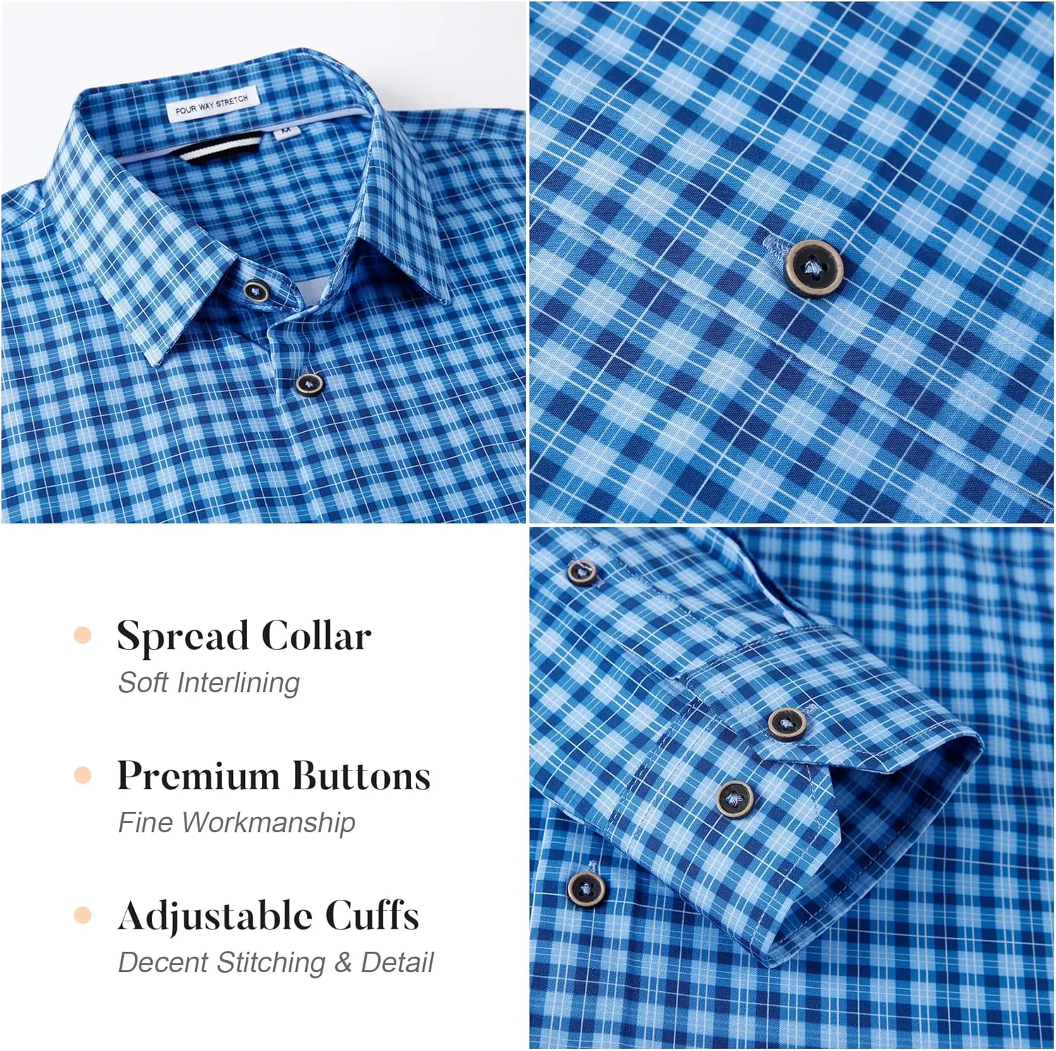 WARHORSEE Mens Casual Button Down Shirts Wrinkle Free 4-Way Stretch Dress Shirs Long Sleeve Plaid Business Shirts for Men