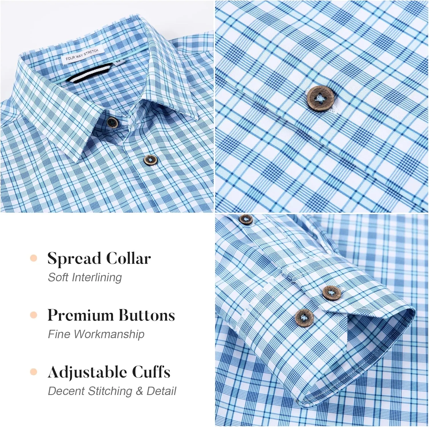 WARHORSEE Mens Casual Button Down Shirts Wrinkle Free 4-Way Stretch Dress Shirs Long Sleeve Plaid Business Shirts for Men