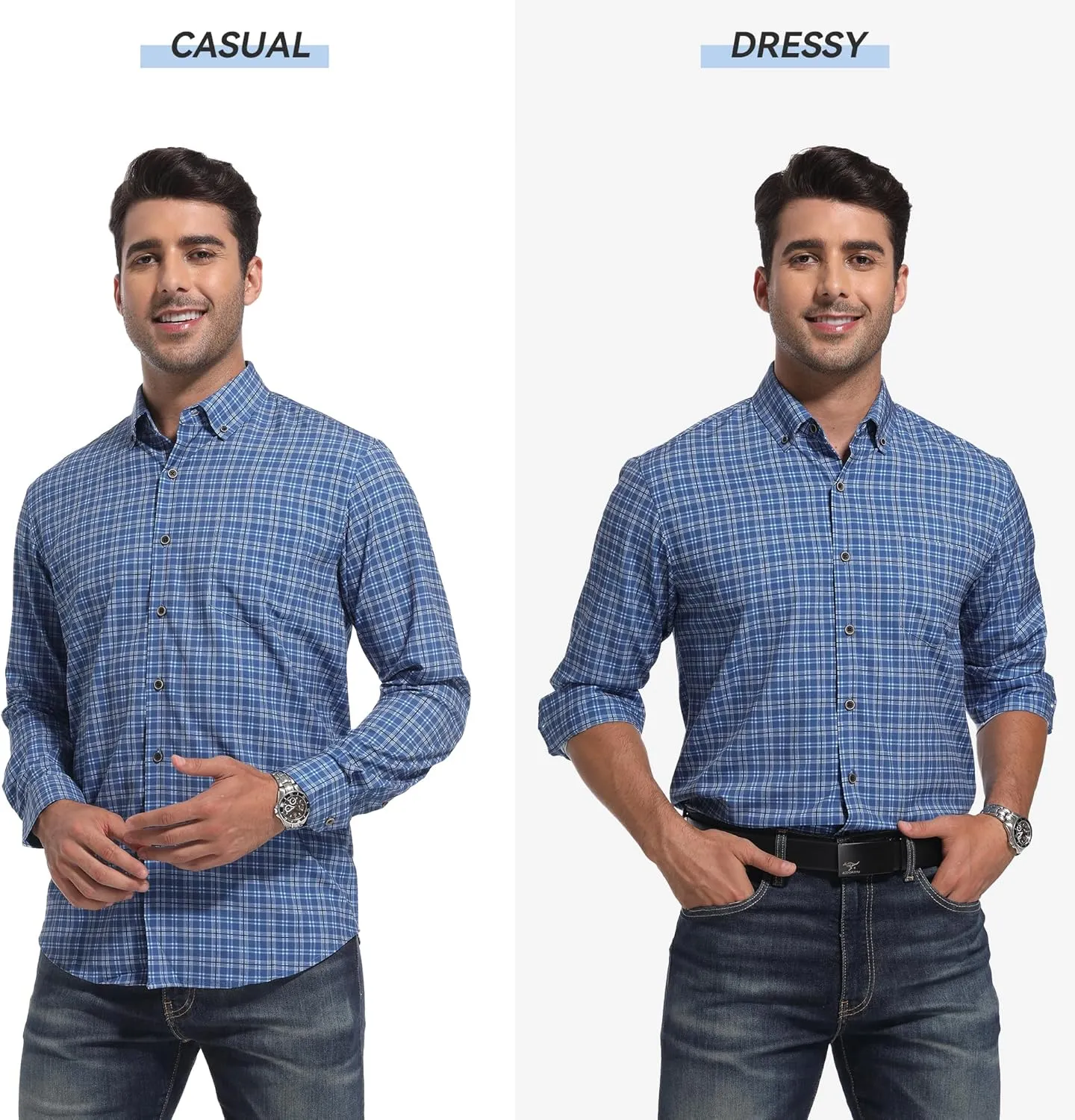 WARHORSEE Mens Casual Button Down Shirts Wrinkle Free 4-Way Stretch Dress Shirs Long Sleeve Plaid Business Shirts for Men