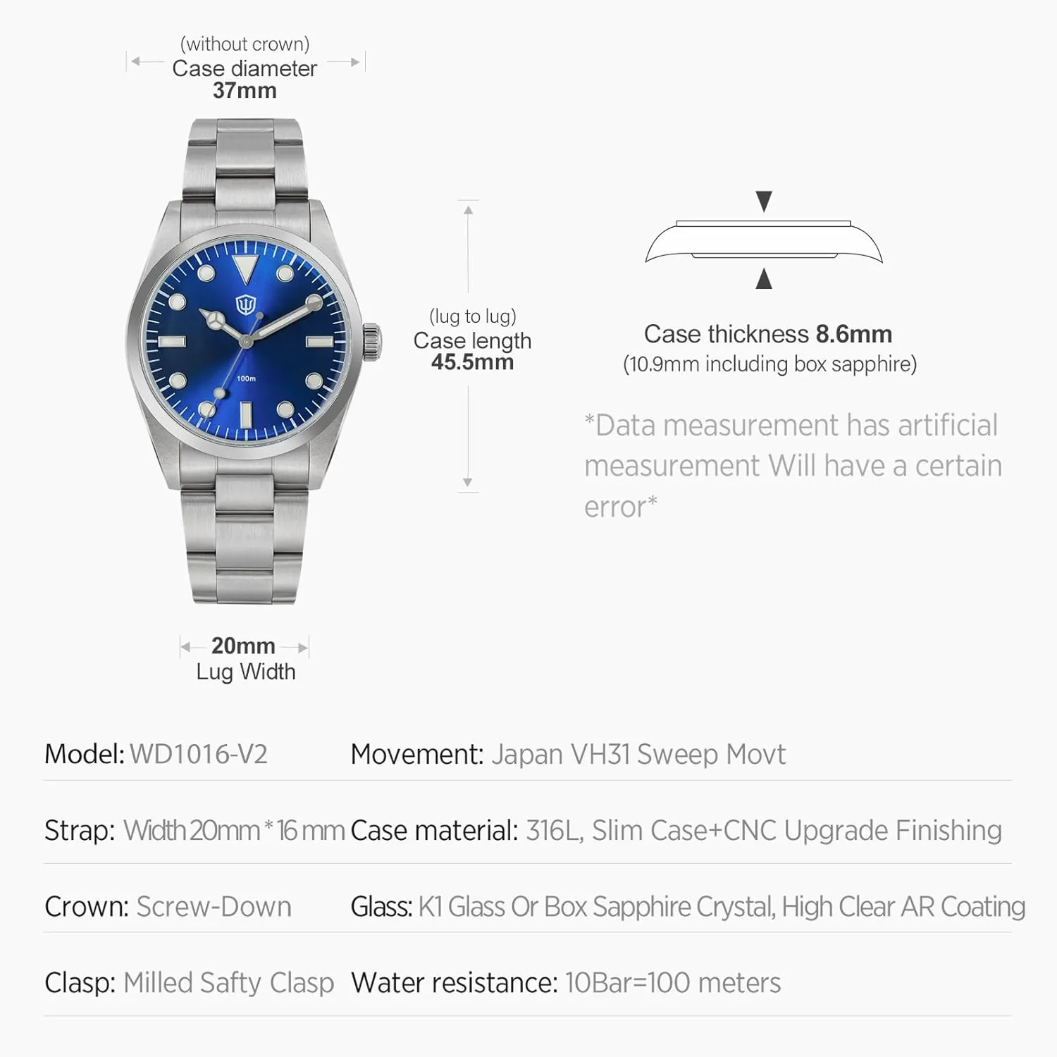 watchdives VH31 Quartz Watch, WD1016 Men Watches 37mm Dial Stainless Steel Wristwatch Sweep Sports Watch 100M Waterproof