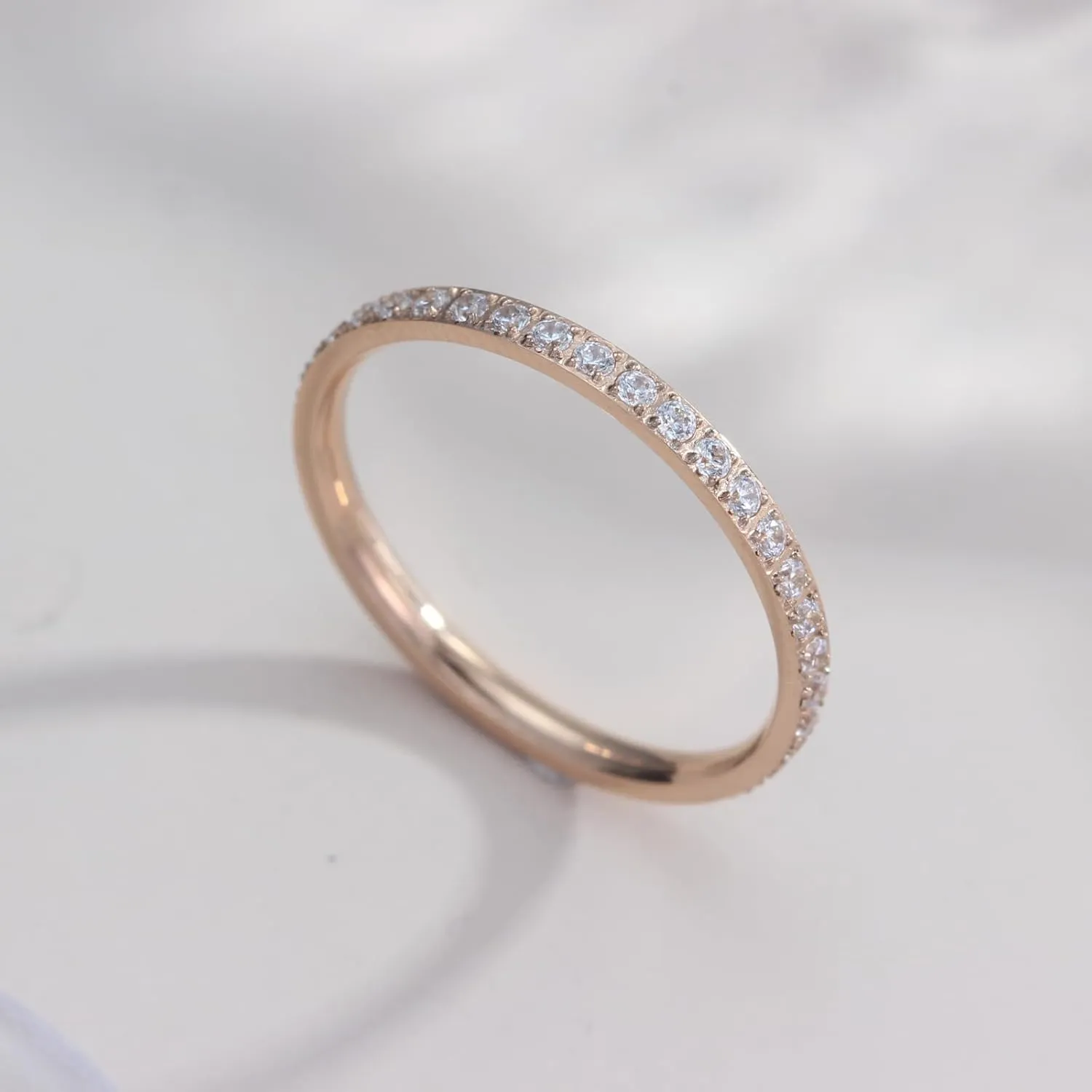 Wedding Bands Promise Rings for Women: 18K Gold Plated Stainless Steel CZ Simulated Diamond Eternity Band Stackable Engagement Ring 2mm Thin Jewelry Silver Rose Gold Size 5 6 7 8 9 10