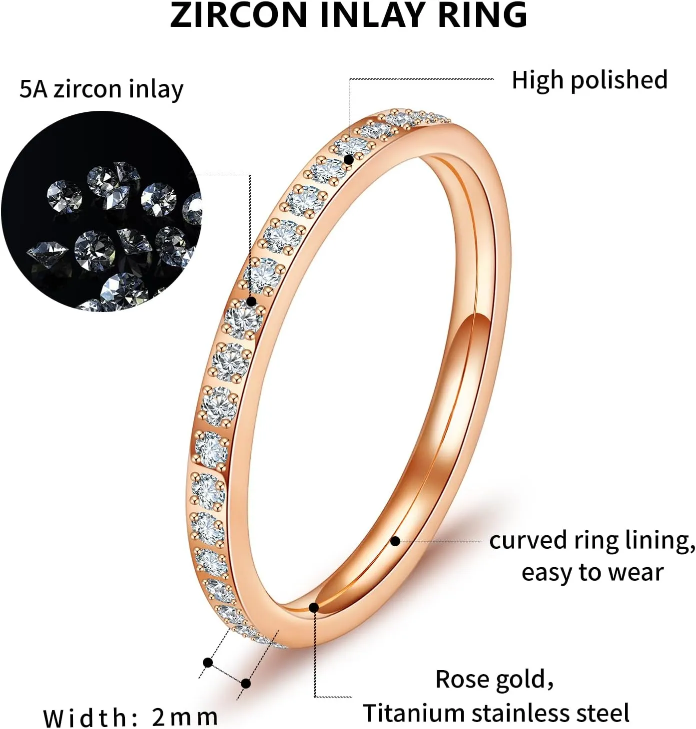 Wedding Bands Promise Rings for Women: 18K Gold Plated Stainless Steel CZ Simulated Diamond Eternity Band Stackable Engagement Ring 2mm Thin Jewelry Silver Rose Gold Size 5 6 7 8 9 10