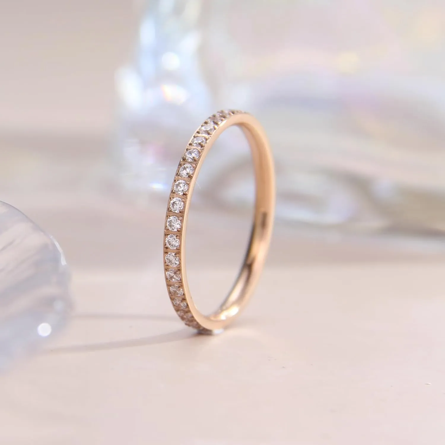 Wedding Bands Promise Rings for Women: 18K Gold Plated Stainless Steel CZ Simulated Diamond Eternity Band Stackable Engagement Ring 2mm Thin Jewelry Silver Rose Gold Size 5 6 7 8 9 10