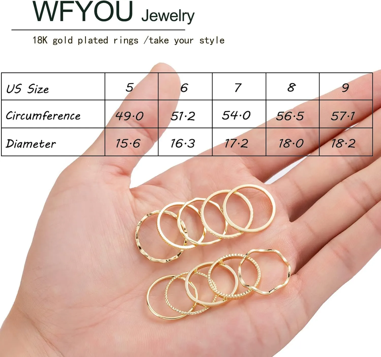 WFYOU 10 Pcs 1-2mm 18K Gold Plated Simple Rings for Women Band Knuckle Stacking Midi Rings Elegant Classic Minimalist Rings Comfort Fit