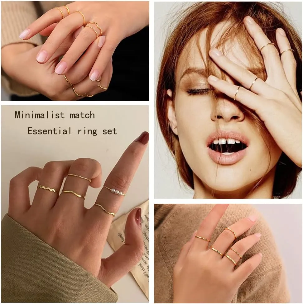 WFYOU 10 Pcs 1-2mm 18K Gold Plated Simple Rings for Women Band Knuckle Stacking Midi Rings Elegant Classic Minimalist Rings Comfort Fit