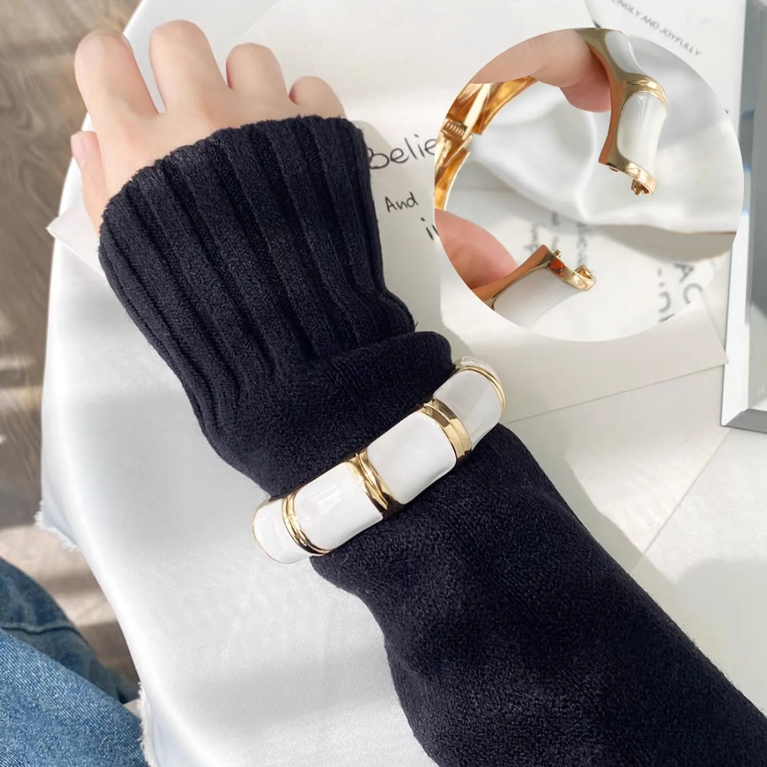 Wide Grooved Crystal Cuff Hinge Bangle Metal Shiny Punk Bracelet Great Polished Fashion Statement Bangles Gold Smooth Bangle Bracelet for Women Fashion Jewelry