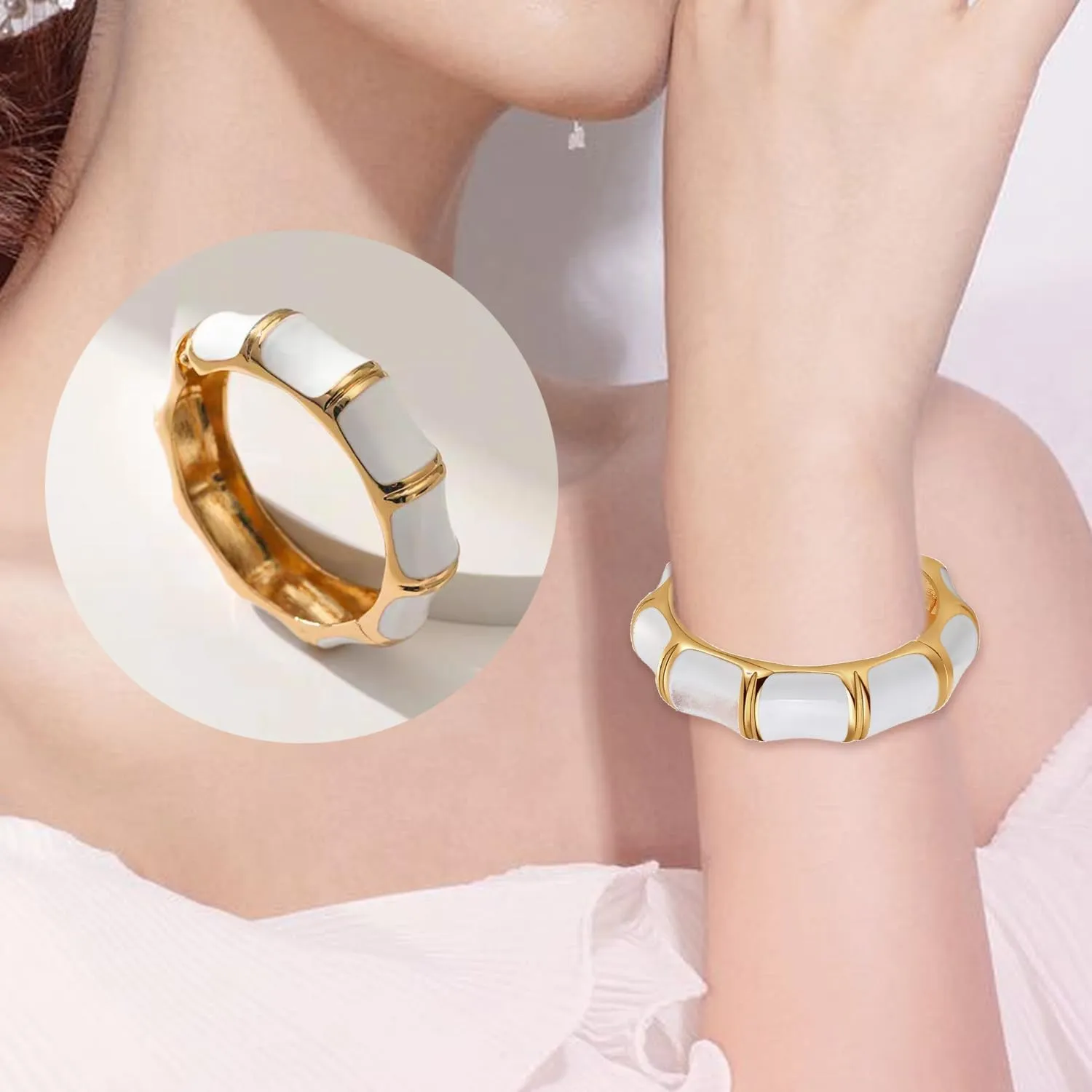 Wide Grooved Crystal Cuff Hinge Bangle Metal Shiny Punk Bracelet Great Polished Fashion Statement Bangles Gold Smooth Bangle Bracelet for Women Fashion Jewelry