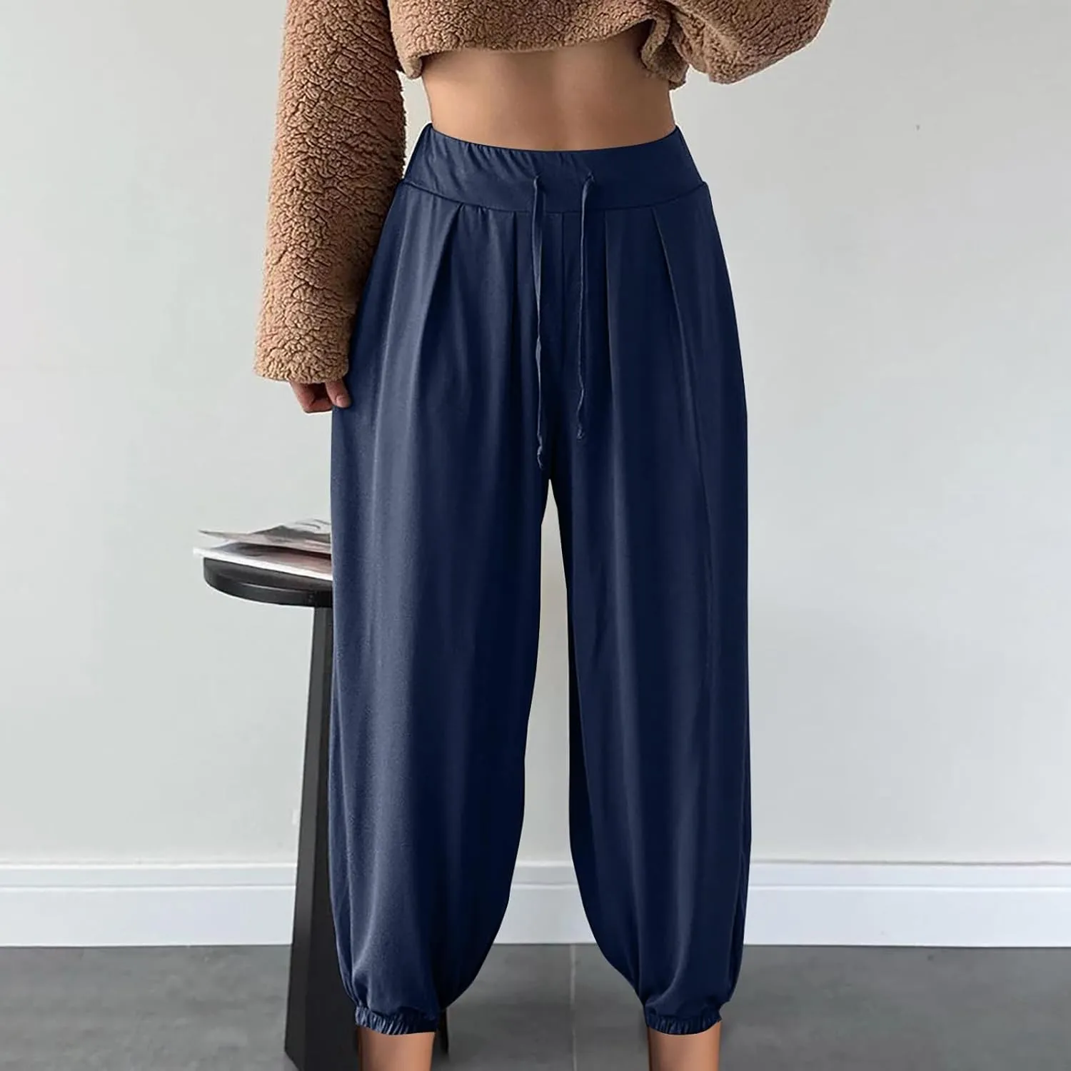 Wide Leg Pants Woman Baggy Lightweight Casual Drawstring Elastic Waisted Palazzo Harem Slacks Clothes Trousers Pockets