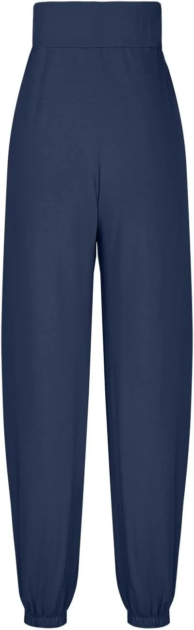 Wide Leg Pants Woman Baggy Lightweight Casual Drawstring Elastic Waisted Palazzo Harem Slacks Clothes Trousers Pockets