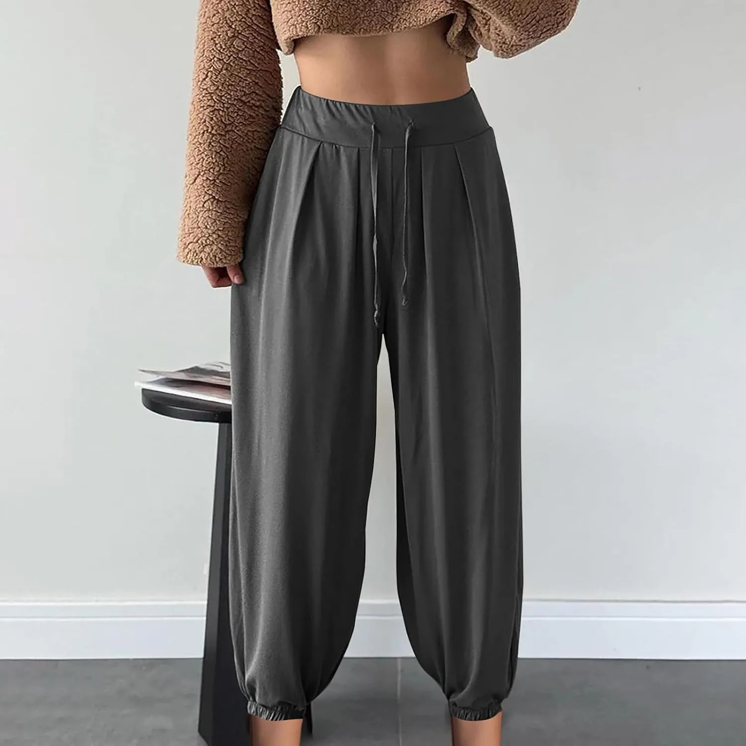 Wide Leg Pants Woman Baggy Lightweight Casual Drawstring Elastic Waisted Palazzo Harem Slacks Clothes Trousers Pockets