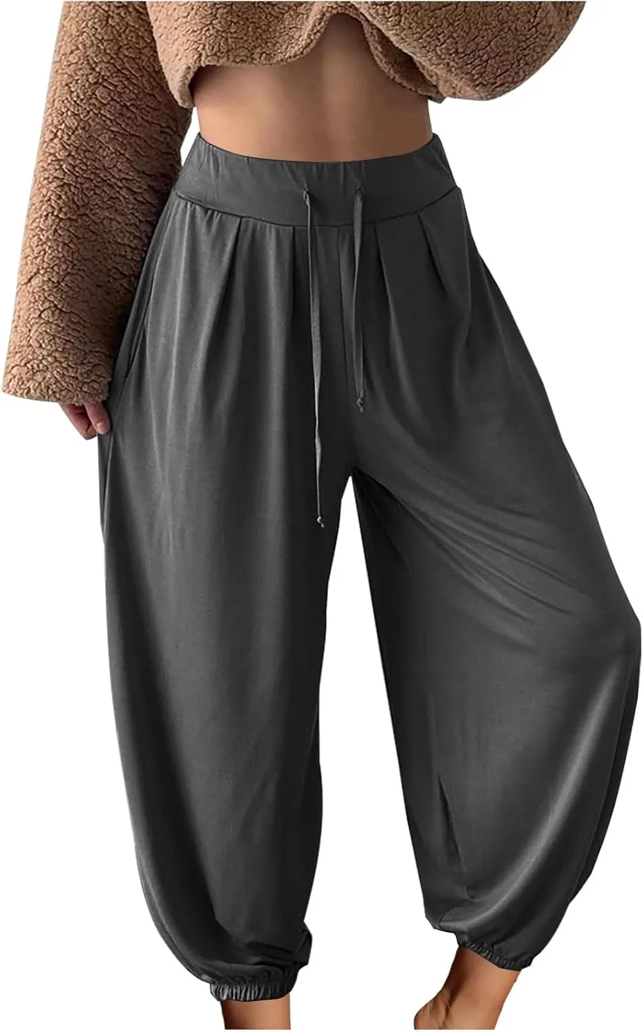 Wide Leg Pants Woman Baggy Lightweight Casual Drawstring Elastic Waisted Palazzo Harem Slacks Clothes Trousers Pockets