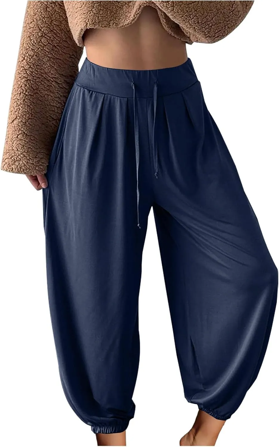 Wide Leg Pants Woman Baggy Lightweight Casual Drawstring Elastic Waisted Palazzo Harem Slacks Clothes Trousers Pockets