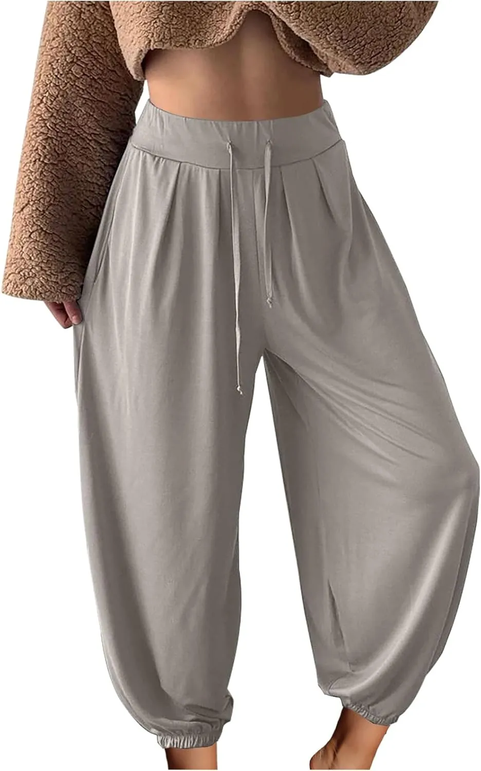 Wide Leg Pants Woman Baggy Lightweight Casual Drawstring Elastic Waisted Palazzo Harem Slacks Clothes Trousers Pockets
