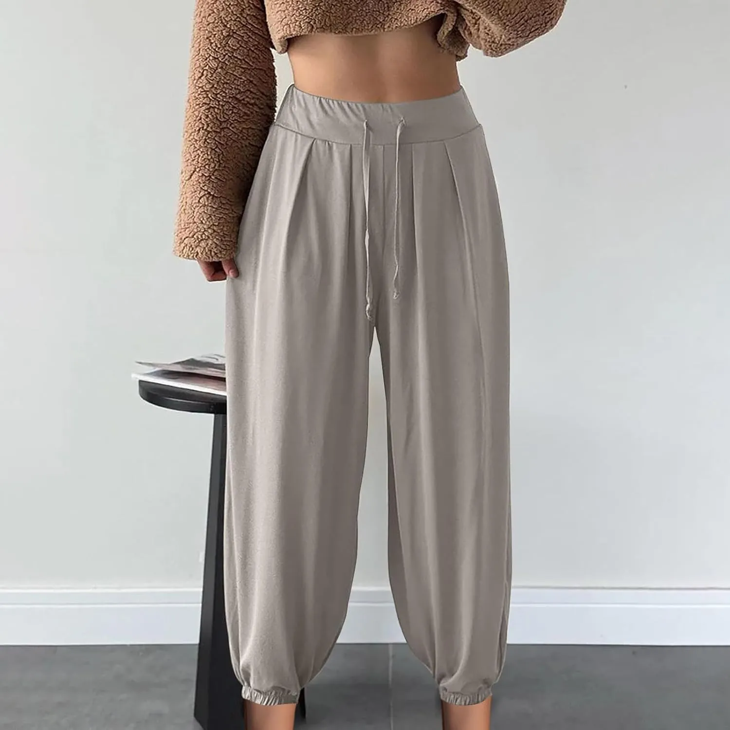 Wide Leg Pants Woman Baggy Lightweight Casual Drawstring Elastic Waisted Palazzo Harem Slacks Clothes Trousers Pockets