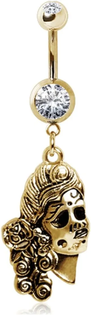 WildKlass Jewelry Gemmed Navel Ring with Undead Siren Dangle Gold Plated 316L