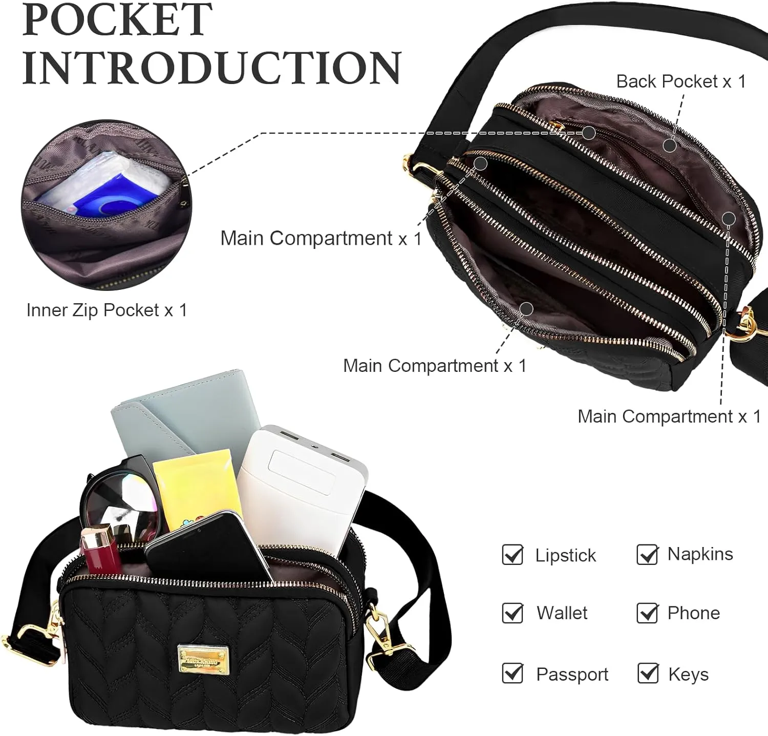 WITERY Small Crossboby Purse for Women - Waterproof Nylon Crossbody Phone Purse Shoulder Bag with Adjustable Strap
