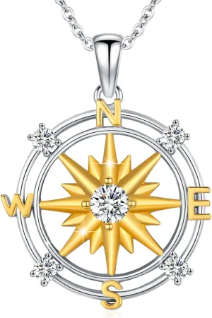 Women Compass Necklace 925 Sterling Silver Two-Tone Compass Pendant Cubic Zirconia Nautical Compass Necklaces Graduation Birthday Compass Gift for Her