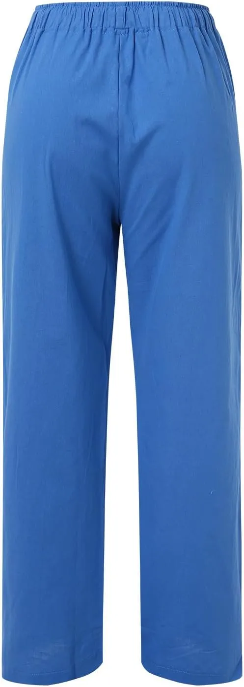Women High Waist Wide Leg Pants 2024 Fashion Drawstring Elastic Beach Trousers Summer Comfy Straight Leg Long Pants Pockets
