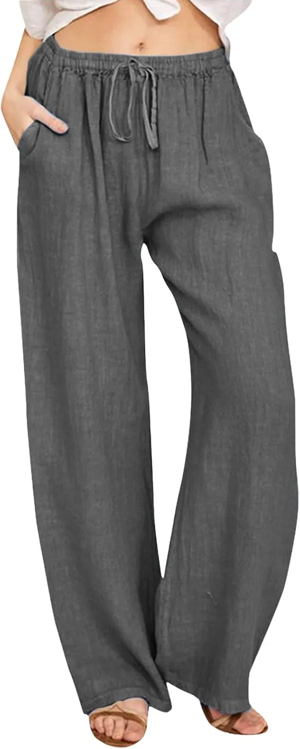 Women High Waist Wide Leg Pants 2024 Fashion Drawstring Elastic Beach Trousers Summer Comfy Straight Leg Long Pants Pockets