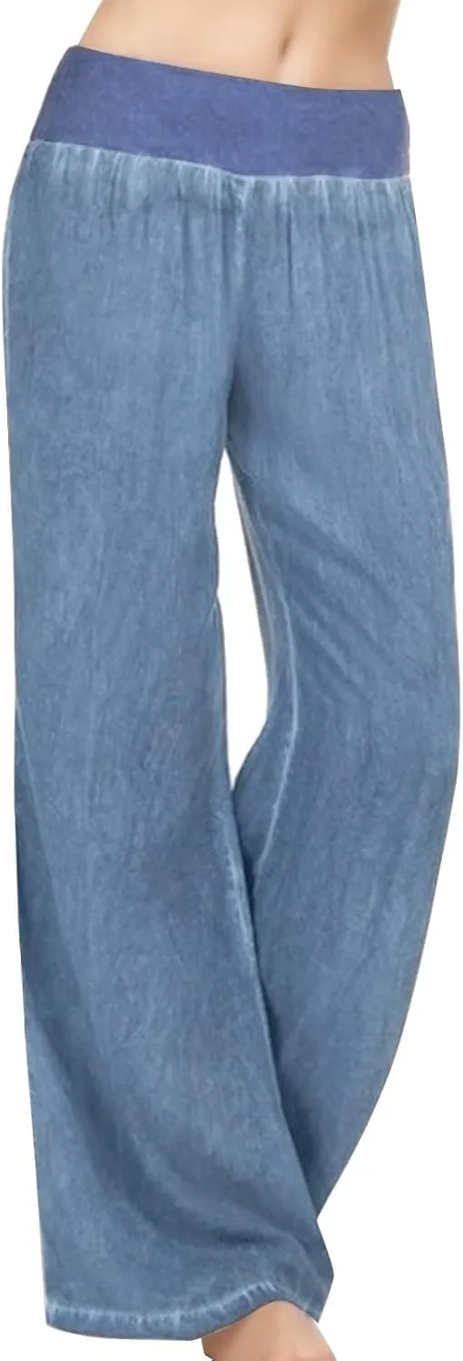 Women High Waist Wide Leg Pants 2024 Fashion Drawstring Elastic Beach Trousers Summer Comfy Straight Leg Long Pants Pockets