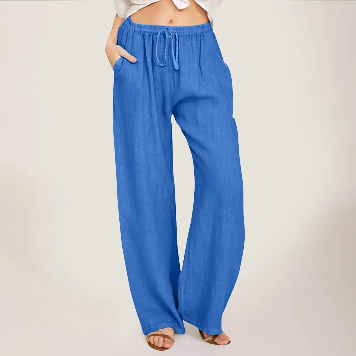 Women High Waist Wide Leg Pants 2024 Fashion Drawstring Elastic Beach Trousers Summer Comfy Straight Leg Long Pants Pockets