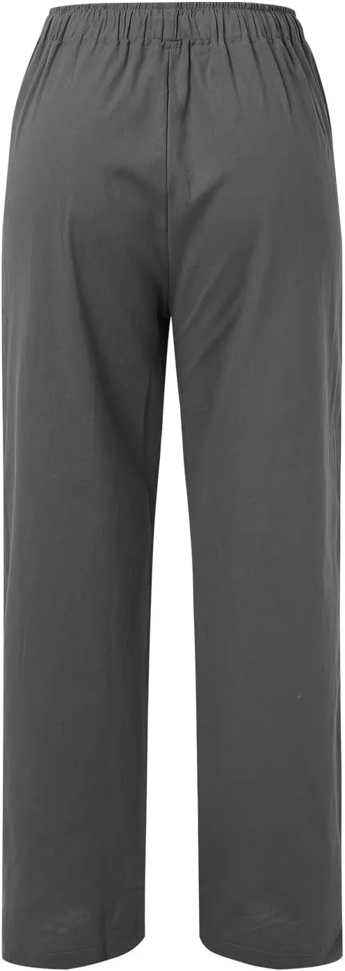 Women High Waist Wide Leg Pants 2024 Fashion Drawstring Elastic Beach Trousers Summer Comfy Straight Leg Long Pants Pockets