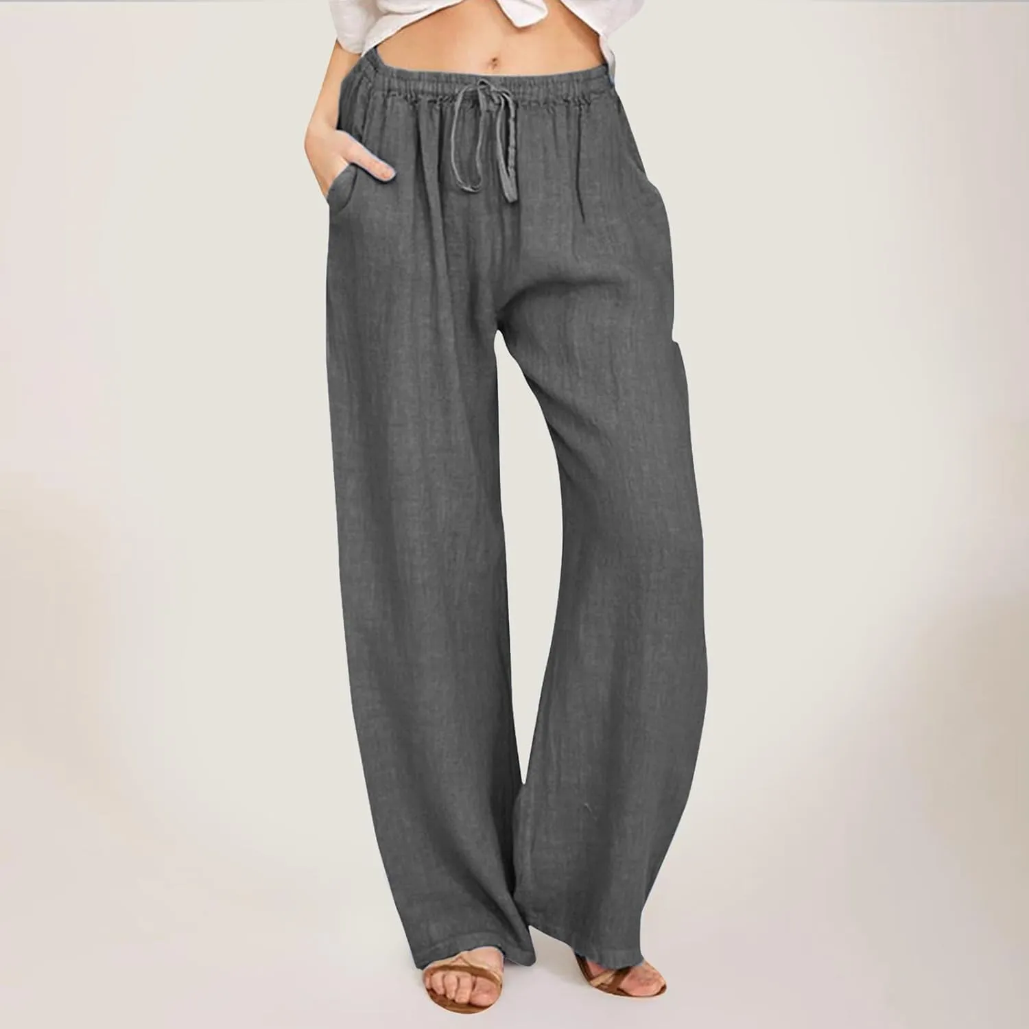 Women High Waist Wide Leg Pants 2024 Fashion Drawstring Elastic Beach Trousers Summer Comfy Straight Leg Long Pants Pockets