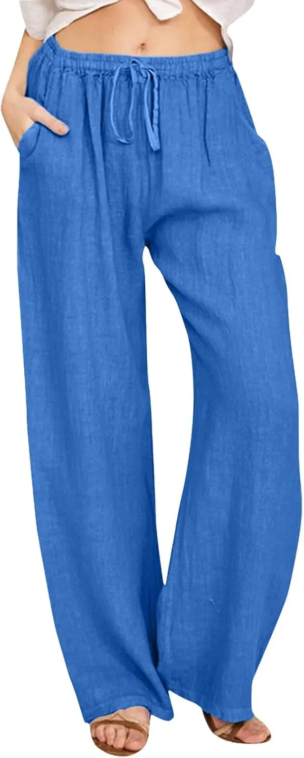Women High Waist Wide Leg Pants 2024 Fashion Drawstring Elastic Beach Trousers Summer Comfy Straight Leg Long Pants Pockets