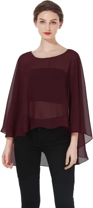 Women Poncho Cape High Low Chiffon Shawls Wraps Scarves Capelets for Evening Dress Bridal Wedding Party
