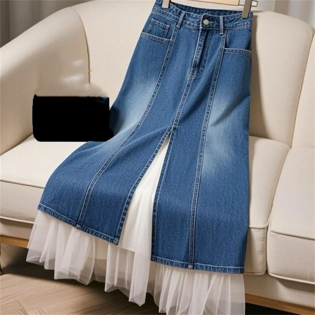 Women Spring Summer High Waisted Mesh Patchwork Blue Denim Skirt Fashion Long A-Line Skirts