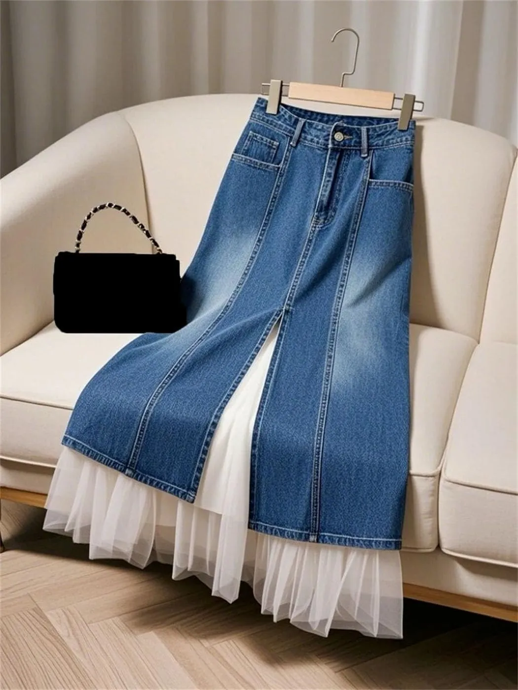 Women Spring Summer High Waisted Mesh Patchwork Blue Denim Skirt Fashion Long A-Line Skirts