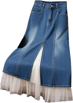 Women Spring Summer High Waisted Mesh Patchwork Blue Denim Skirt Fashion Long A-Line Skirts