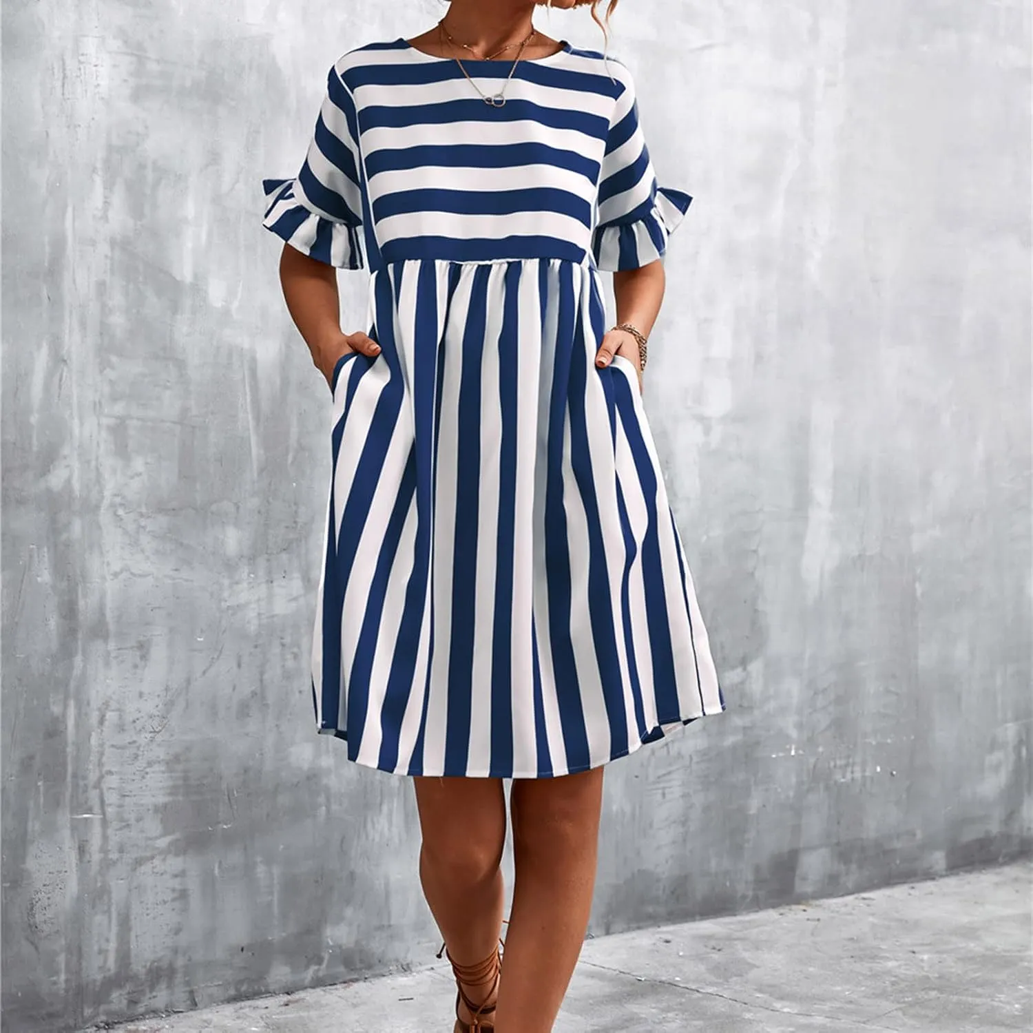 Women Striped Patchwork Mini Dresses Ruffle Short Sleeve Crew Neck Summer Short Dress Casual Beach Sundress