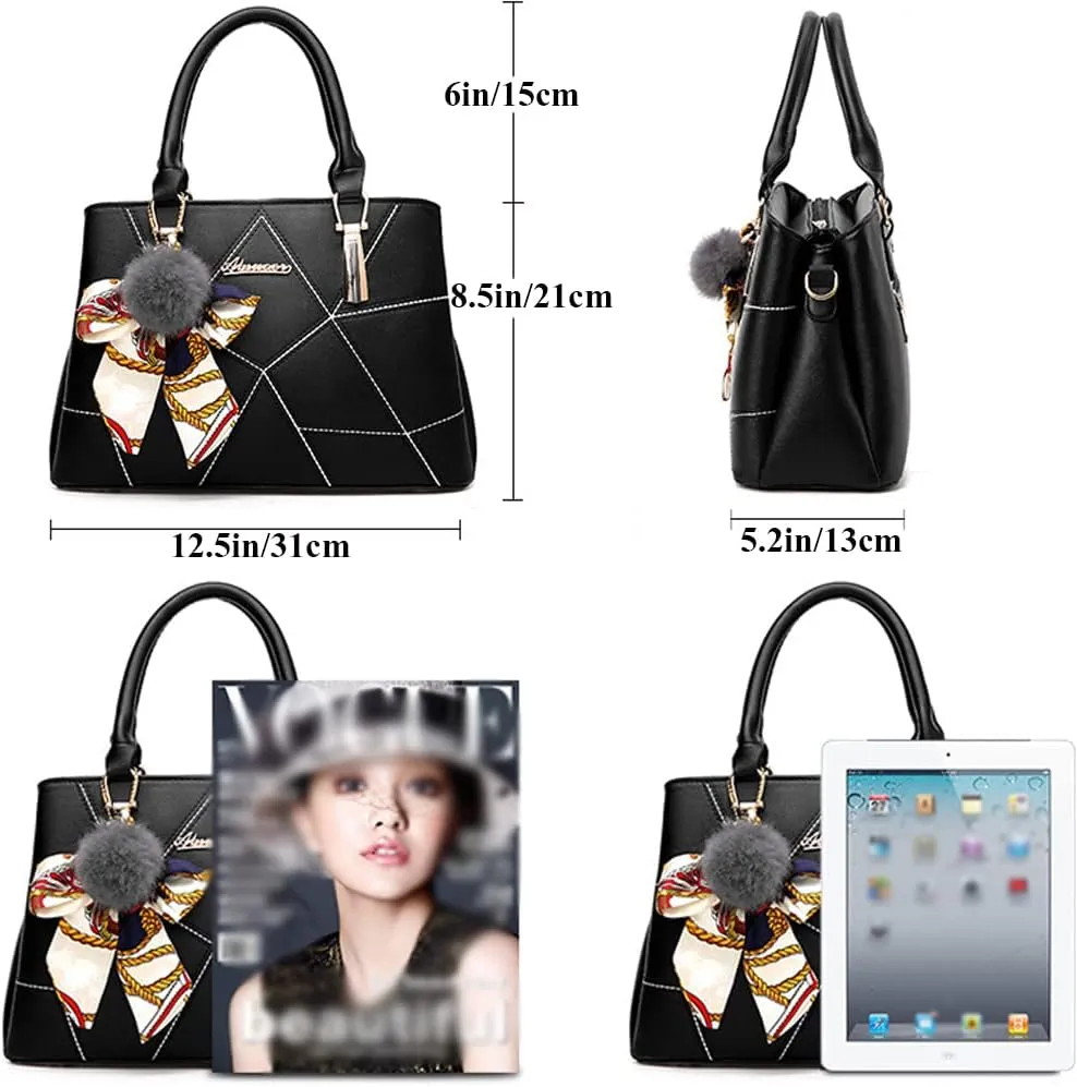 Women Top Handle Handbags Purse Faux Leather Satchel Shoulder Bags Crossbody Bag Medium Tote Bag with Silk Scarf