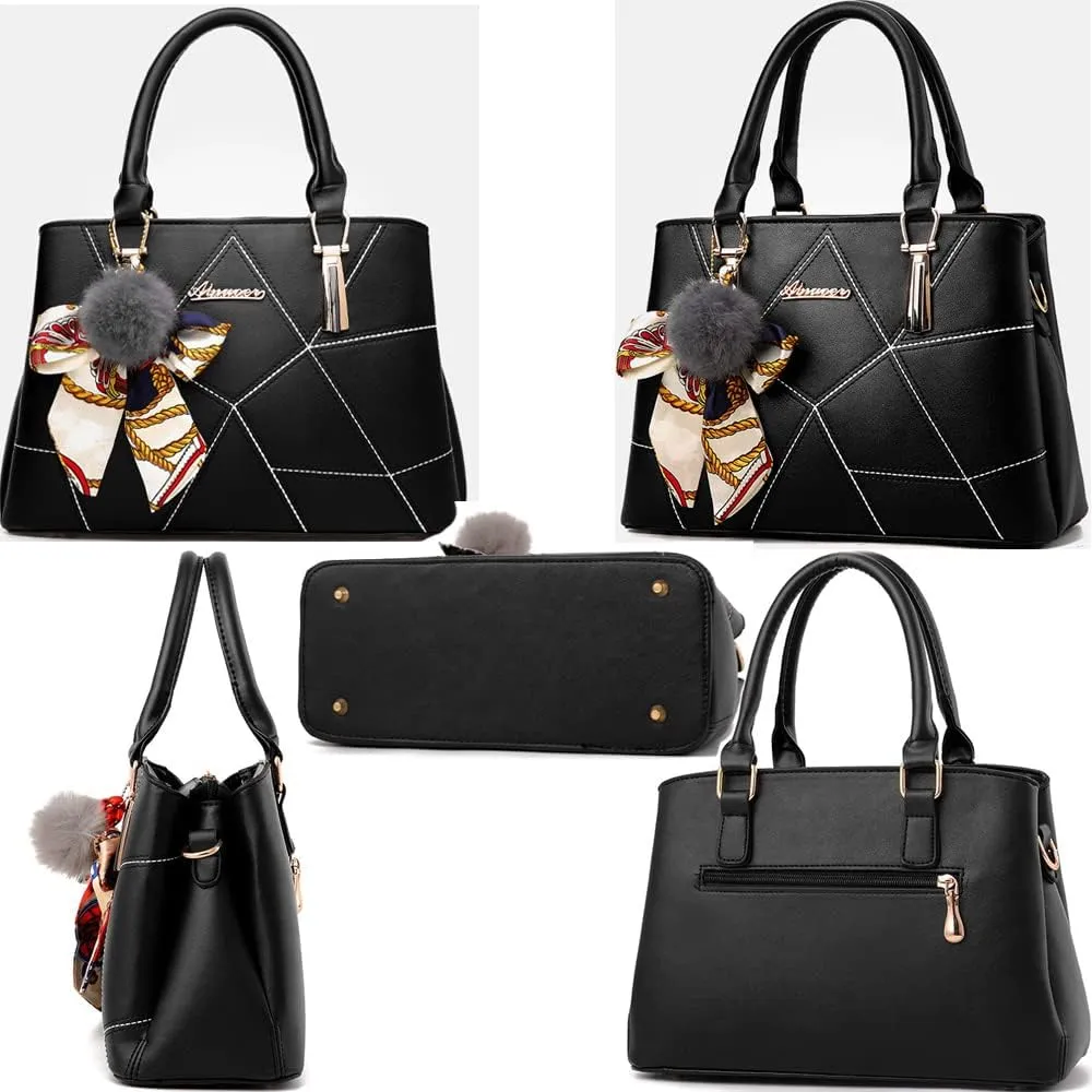 Women Top Handle Handbags Purse Faux Leather Satchel Shoulder Bags Crossbody Bag Medium Tote Bag with Silk Scarf